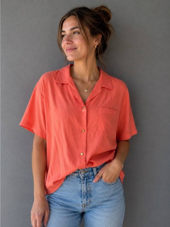 LP Fashion Tops - Vintage Coral Silk Button-Up Blouse | Washable Silk | Medium